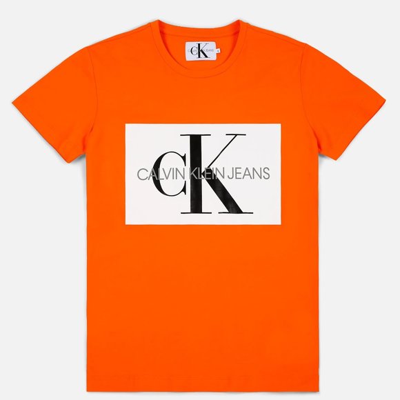 Calvin Klein Monogramed Box Logo Orange T-Shirt, 100% Cotton, Size Men's Small - Picture 1 of 6